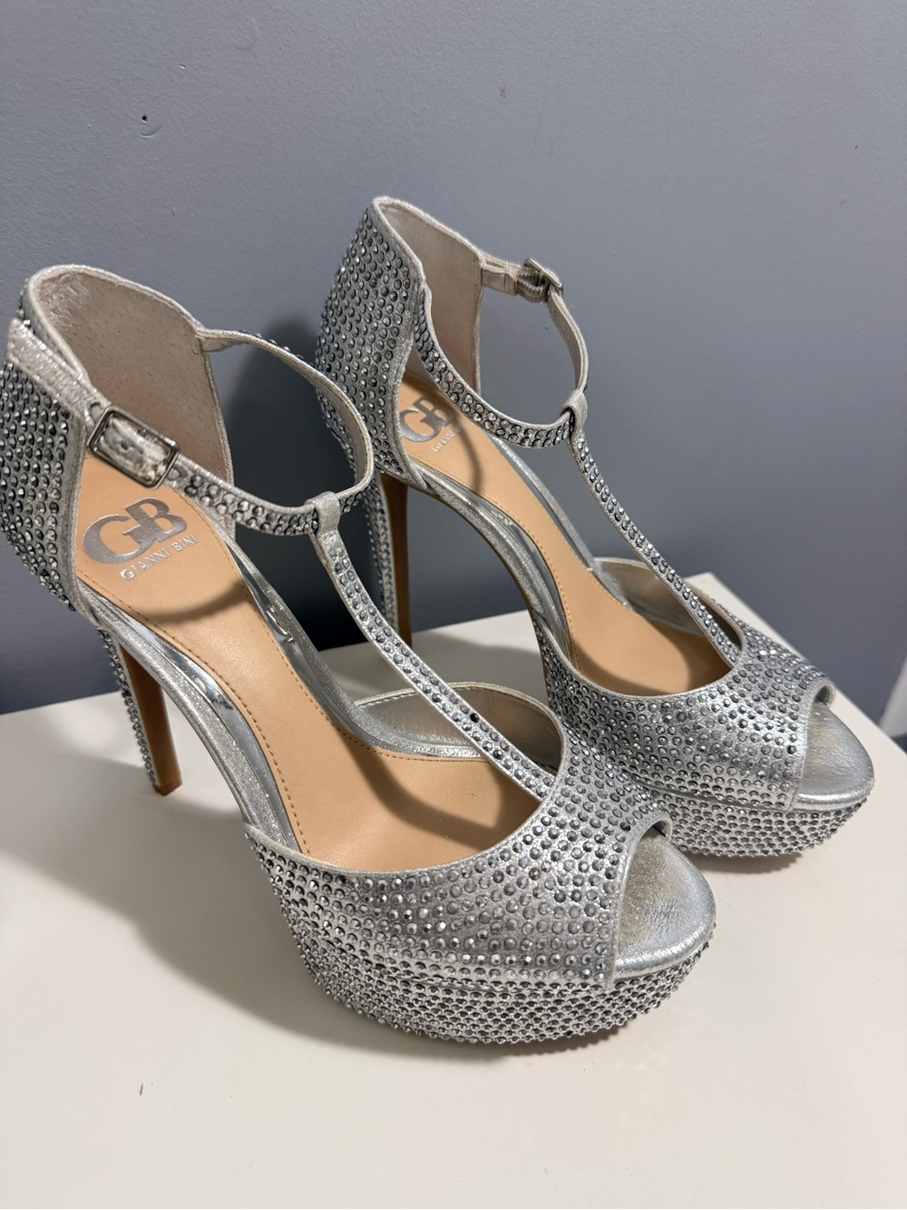 Gianni Bini Silver Rhinestone T-Strap Peep-Toe Platform Heels